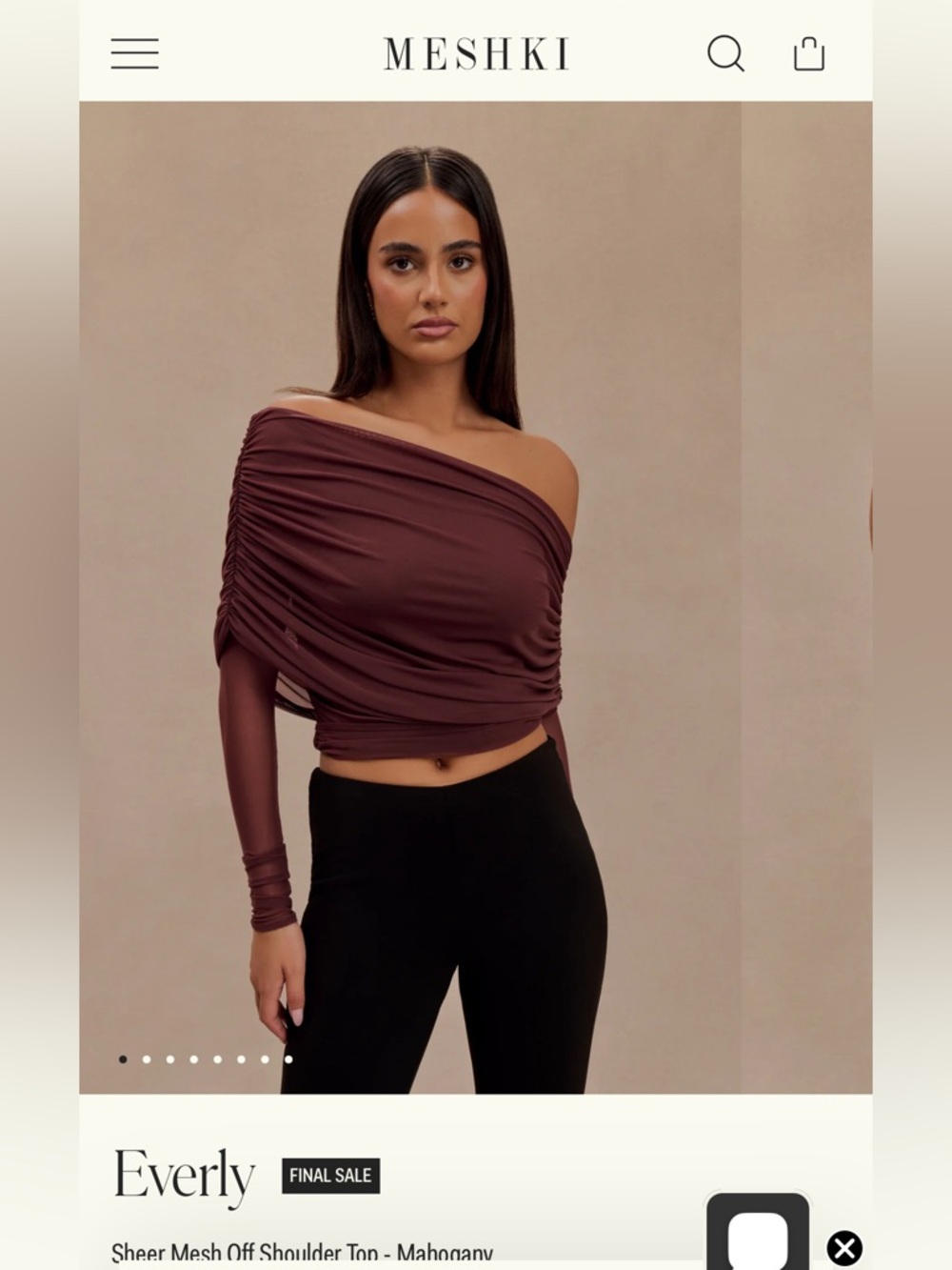 MESHKI Everly Sheer One-Shoulder Ruched Crop Top in Mahogany